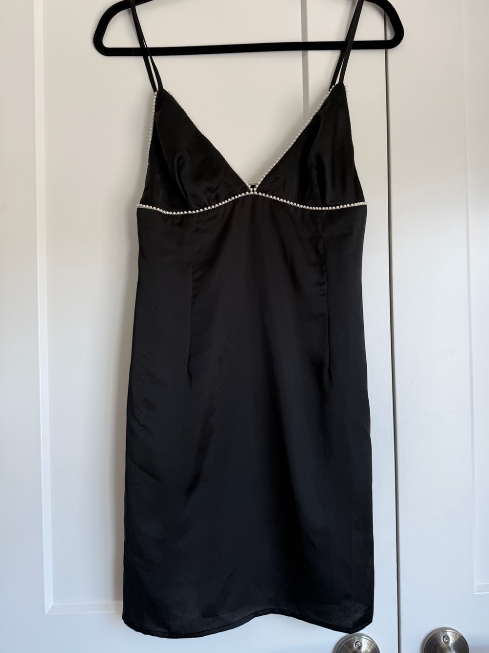 Bobbles & Lace Black Satin Slip Mini Dress Pearl Trim V-Neck NWT Size L
